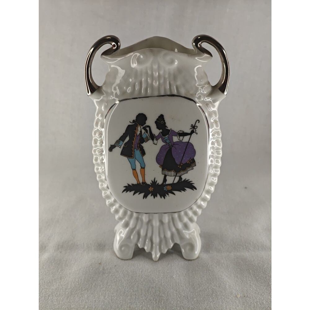 Porcelain Figural Couple Vase with Decorative Handles, 6 in, Glossy Finish